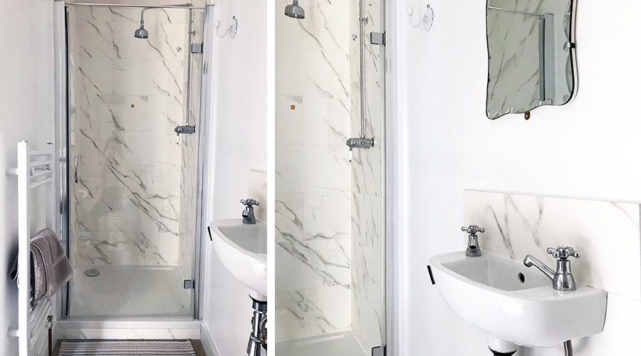 Marble Effect Tiled Ensuite Shower Cubicle Sink